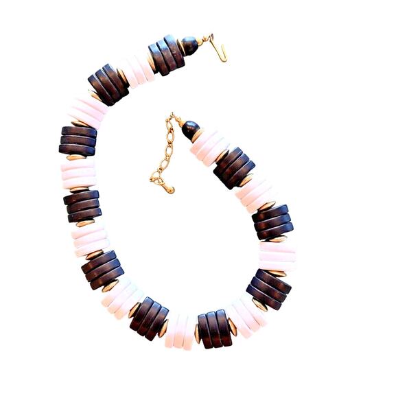 Unique Beaded Necklace 80s Black & White Choker Mod Monochromatic Oval Beads - Picture 2 of 6